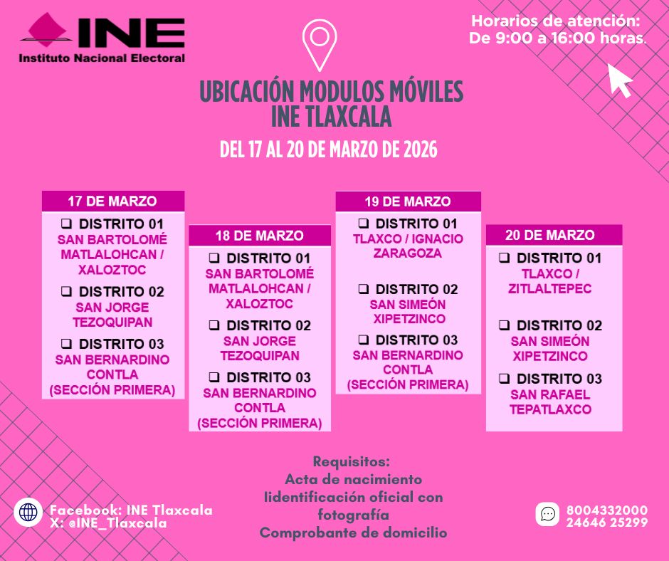 INE instalará módulo móvil en Ignacio Zaragoza, Huamantla